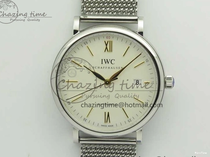 MIROTIME 0327 Breathable Portofino IW356501 SS V3 MK 1:1 Best Edition White Dial Gold Markers On SS Mesh Bracelet MIYOTA 7197